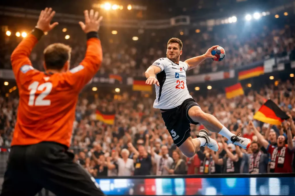 Dynamische Spielszene in einer vollen deutschen Handball-Arena mit Spieler beim Torwurf