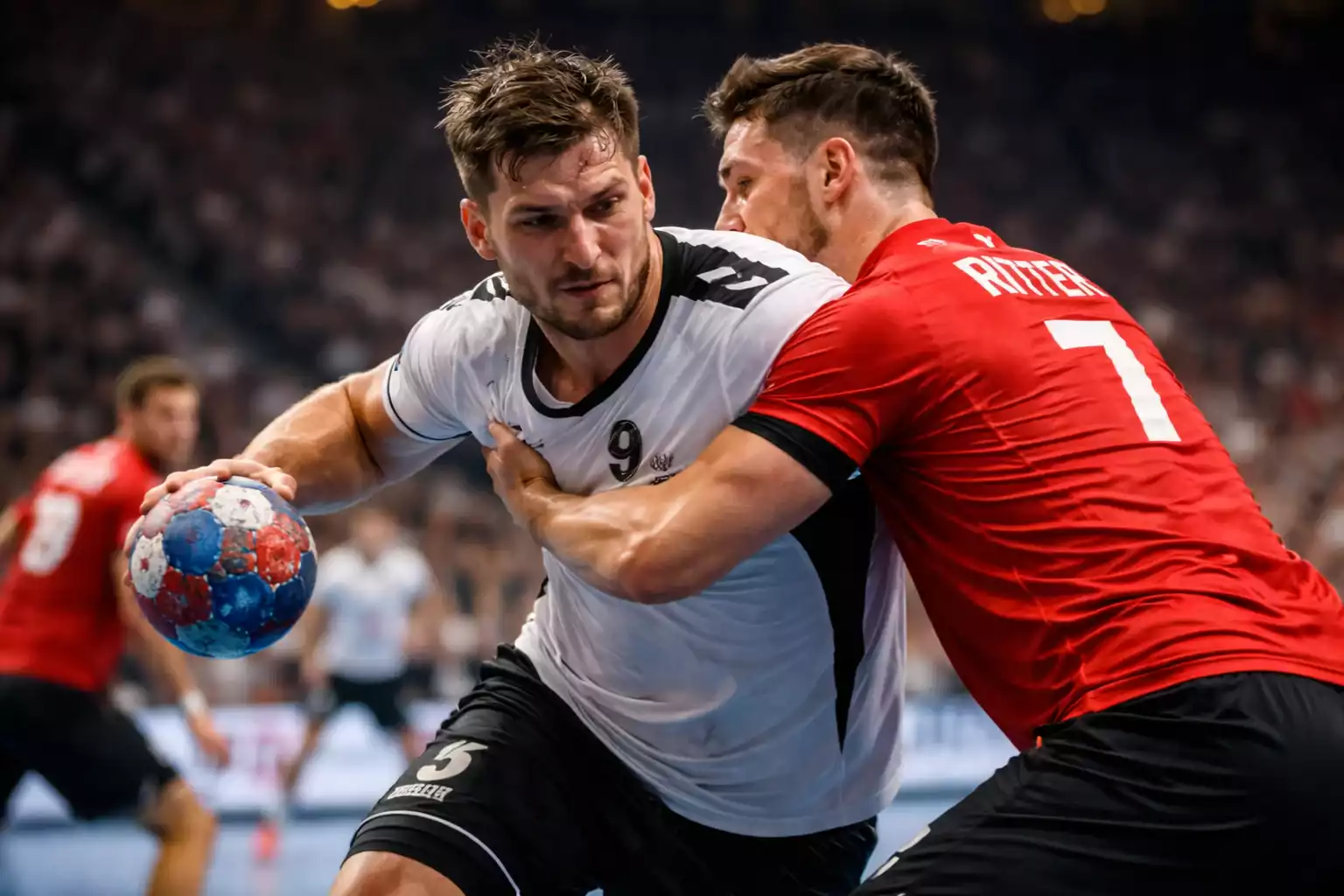 Intensive Zweikampfszene zwischen zwei Handball-Bundesliga Spielern