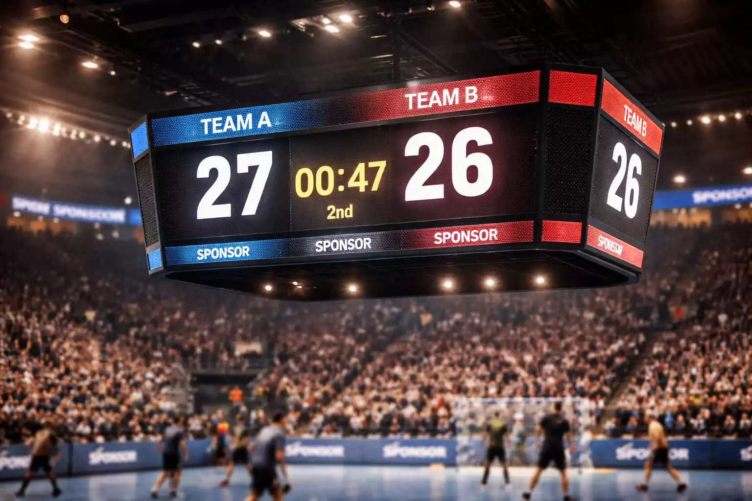 Handball-Arena Anzeigetafel mit engem Spielstand zeigt die Dreiweg-Wette Optionen