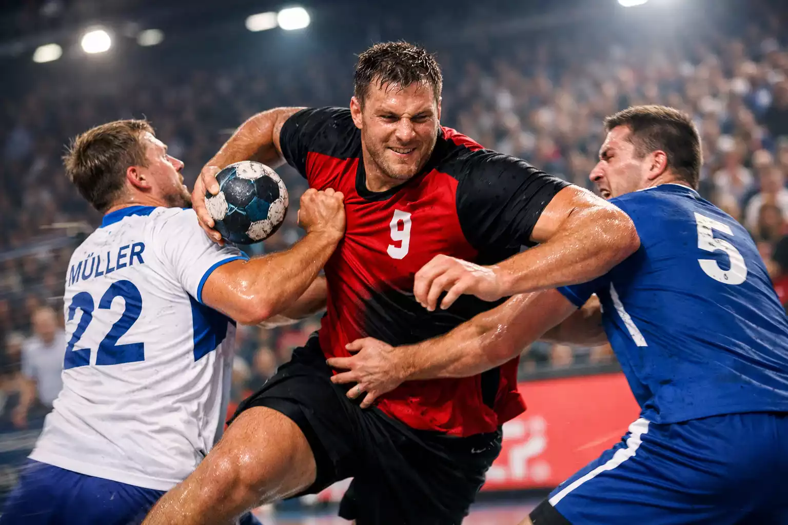 Dominanter Handball-Spieler durchbricht die Verteidigung - Konzept der Handicap-Wette