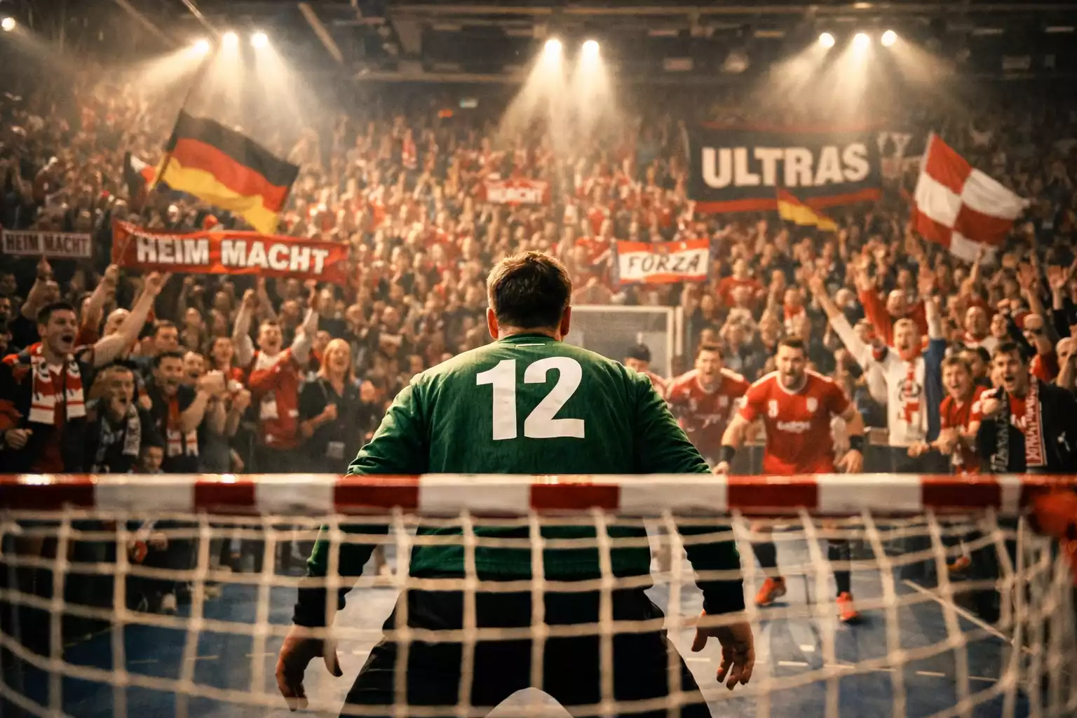 Begeisterte Fans in einer deutschen Handball-Arena zeigen den starken Heimvorteil
