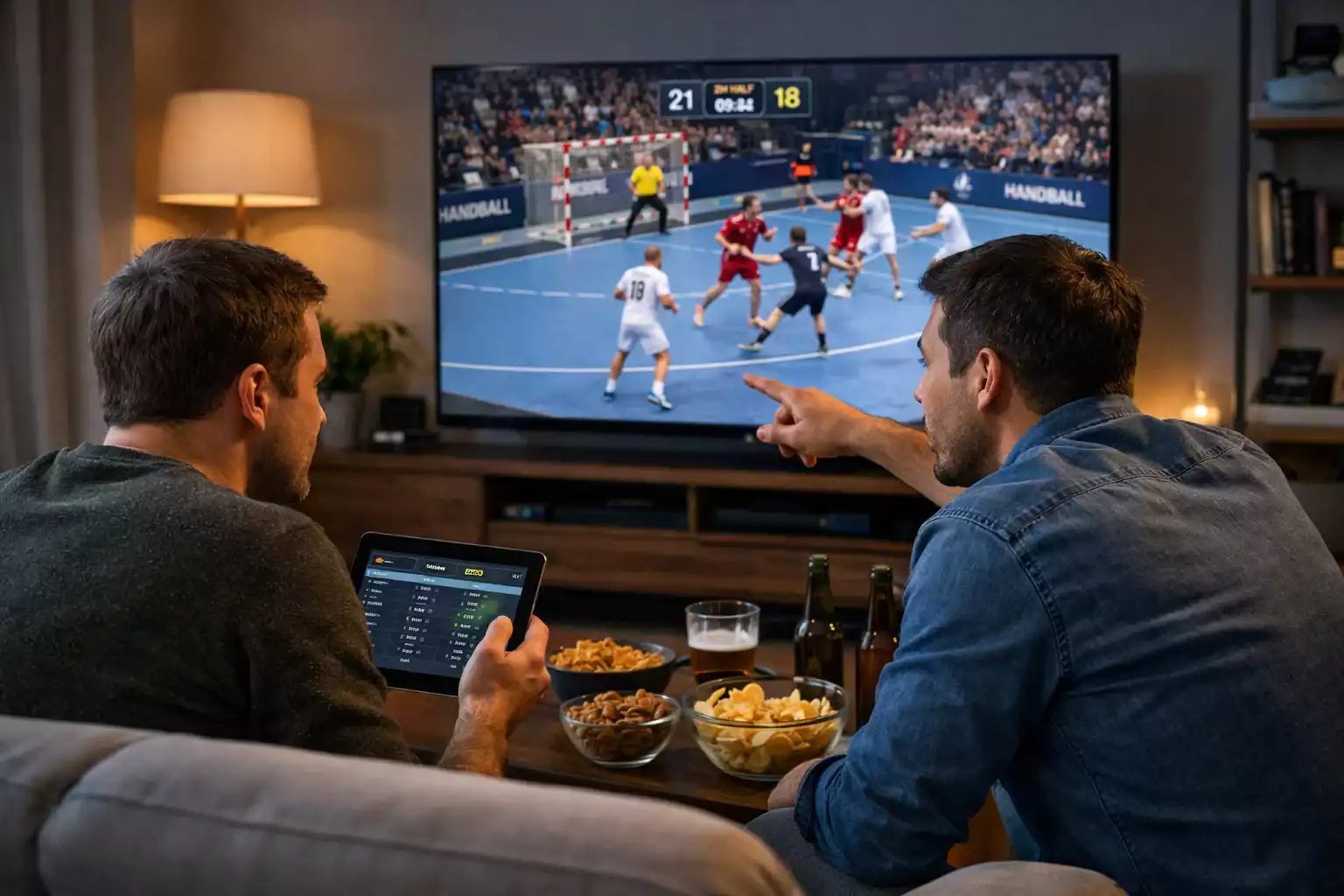 Zwei Personen analysieren gemeinsam ein Handball-Spiel im Fernsehen für Live-Wetten