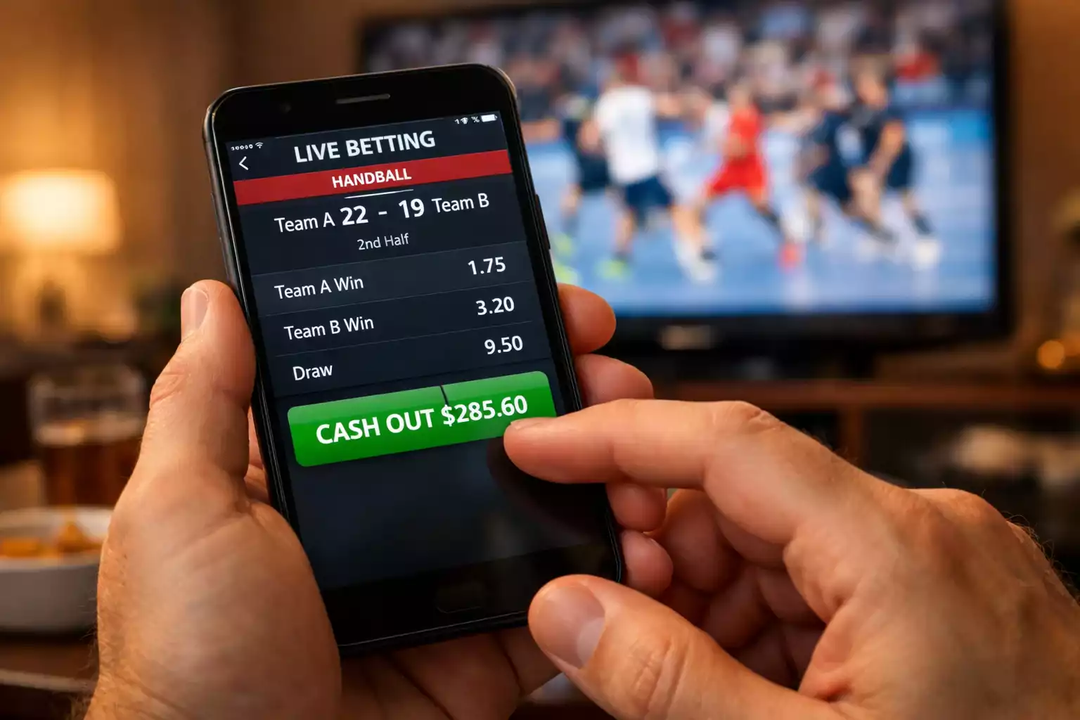 Smartphone zeigt Cash-Out-Option bei einer Live-Wette auf Handball