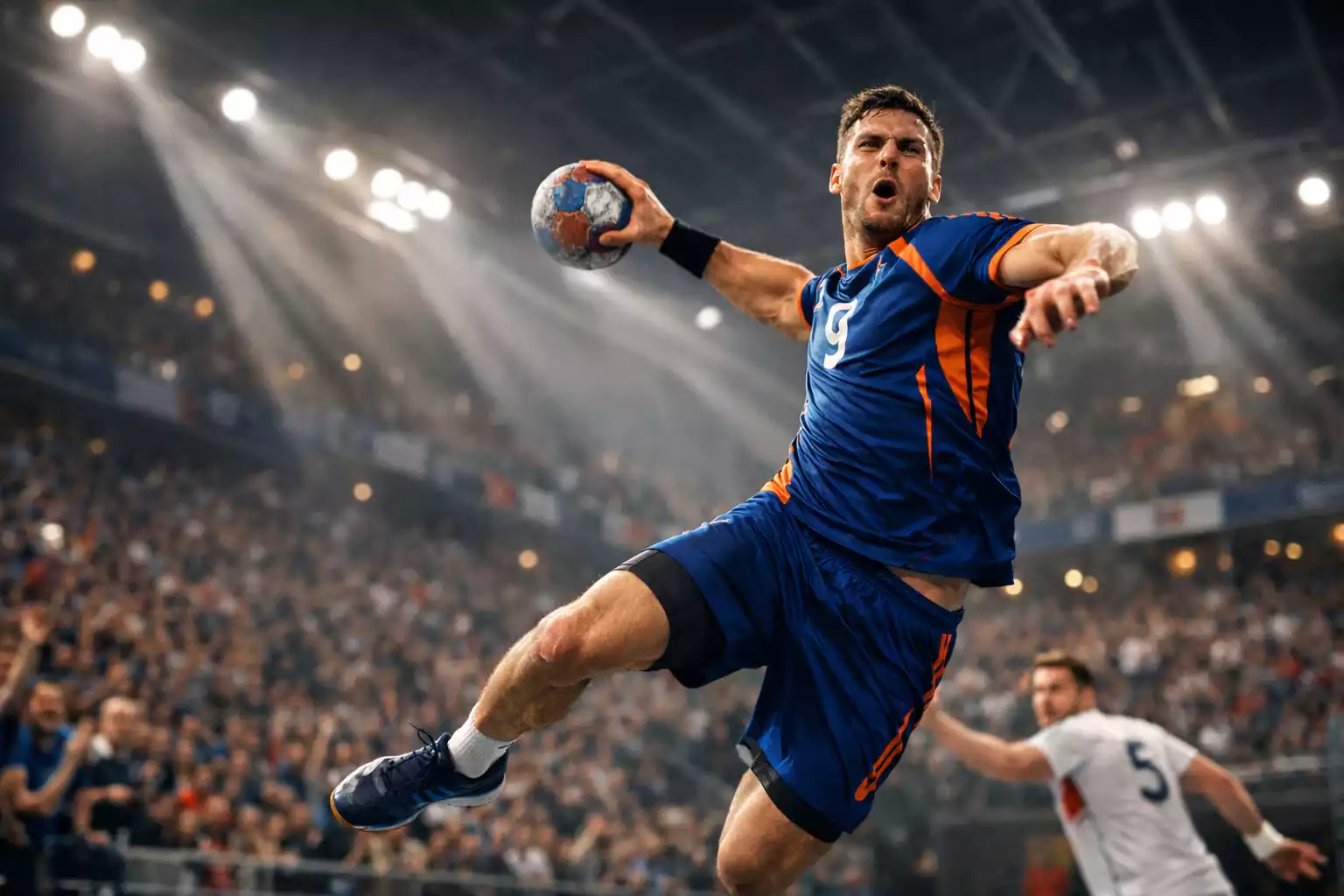 Dynamischer Handball-Spielmoment: Spieler beim Torwurf in einer vollen Arena mit begeisterten Fans