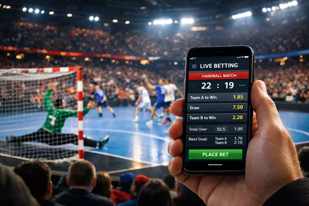 Live-Wetten auf Handball mit Smartphone während eines Spiels in der Arena