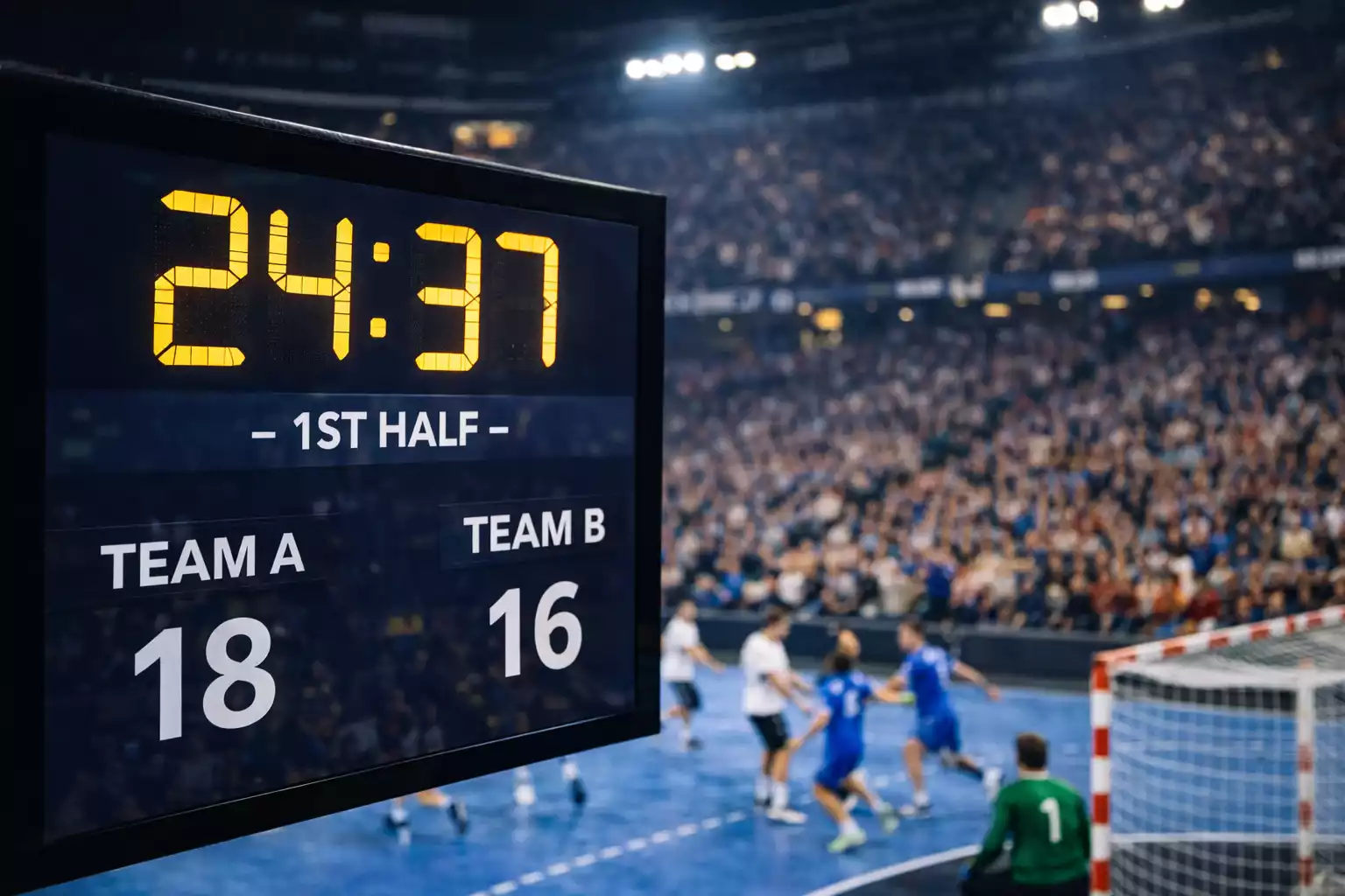 Arena-Spieluhr zeigt laufende Zeit während eines Handball-Spiels für Live-Wetten Timing