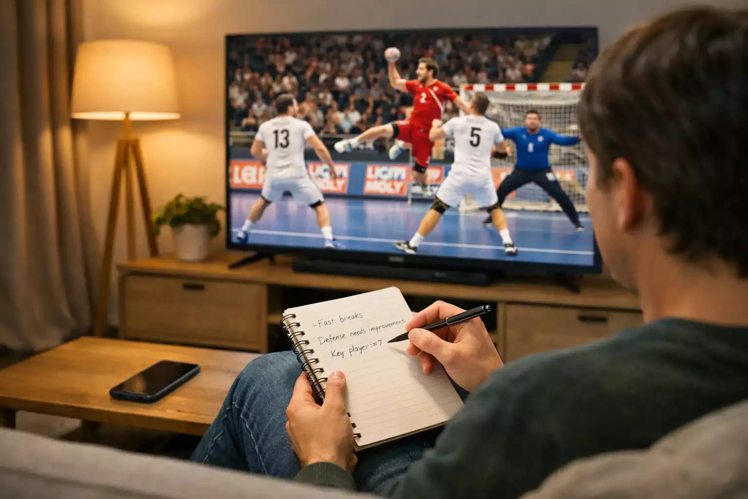Person schaut Handball-Spiel im Fernsehen und macht Notizen für Wett-Tipps