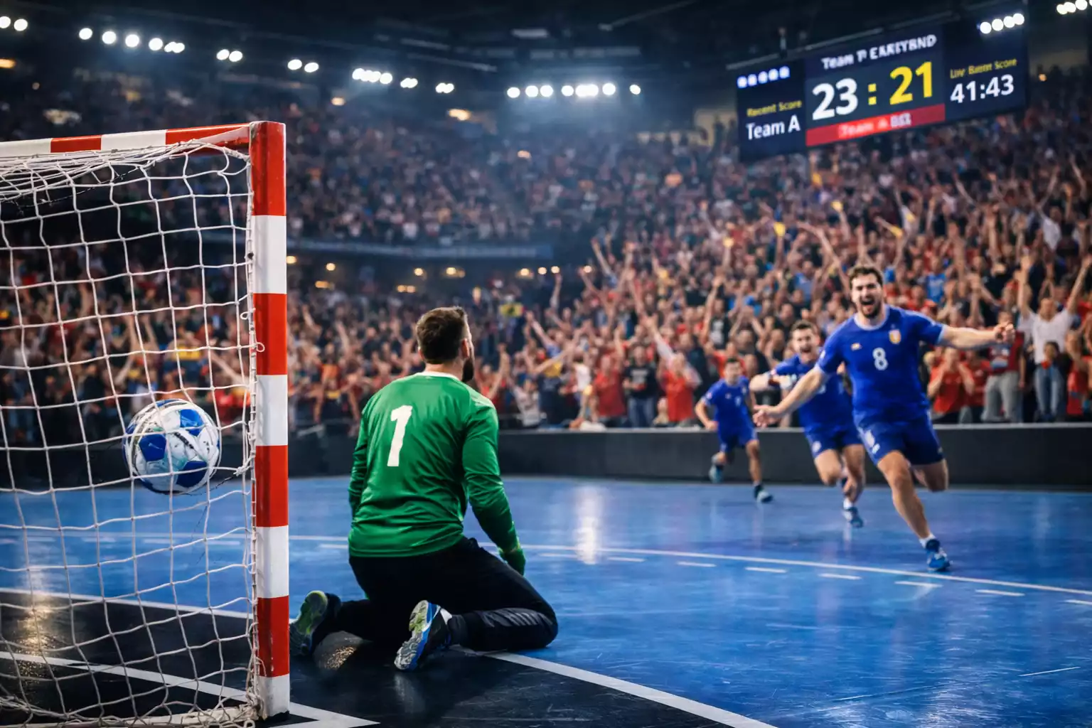Dynamische Torszene im Handball zeigt die hohe Torfrequenz des Sports
