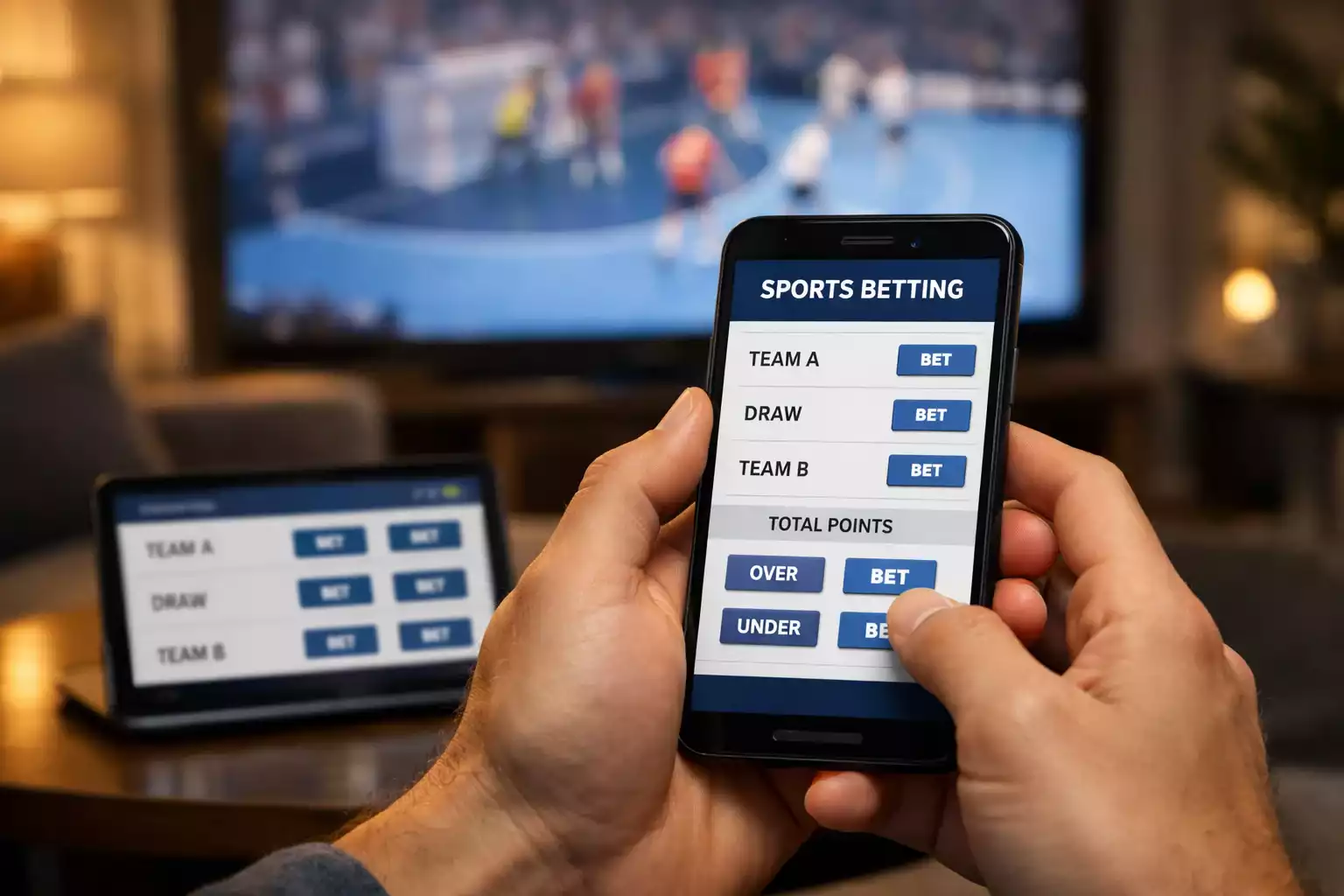 Mobiles Wetten: Smartphone mit Wettquoten vor einem laufenden Handball-Spiel im Hintergrund