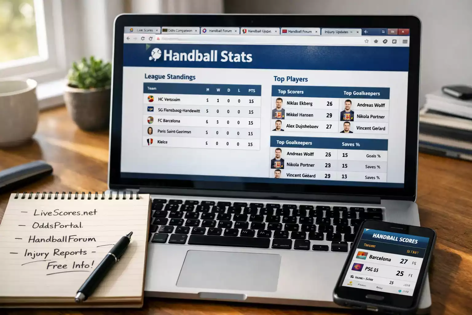 Laptop mit verschiedenen kostenlosen Handball-Statistik-Websites für Wettanalyse