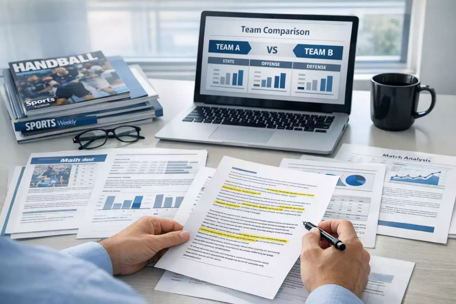 Professionelle Wettanalyse: Analyst arbeitet mit Teamberichten und Statistikdokumenten