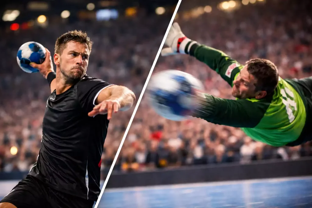 Dramatischer Spielmoment im Handball mit Torwurf und Torhüterparade