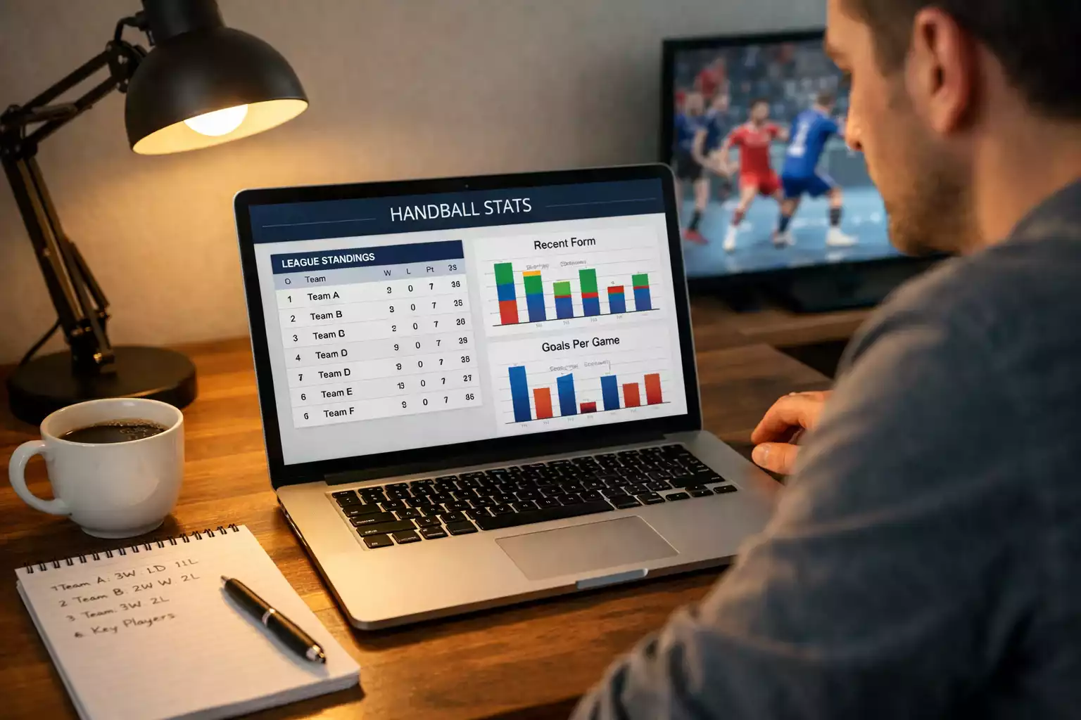 Person analysiert Handball-Statistiken am Laptop für Wettplanung