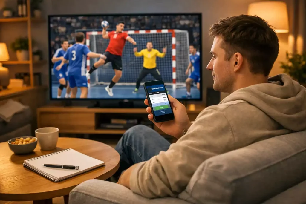 Anfänger lernt Handball-Wetten auf dem Sofa mit Smartphone und TV
