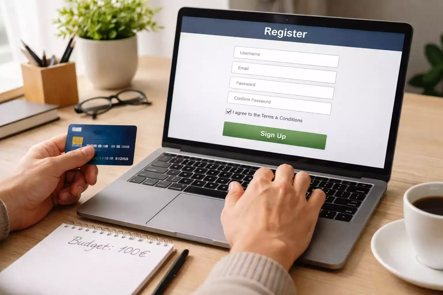 Person registriert sich am Laptop für Sportwetten mit Budget-Planung im Notizbuch