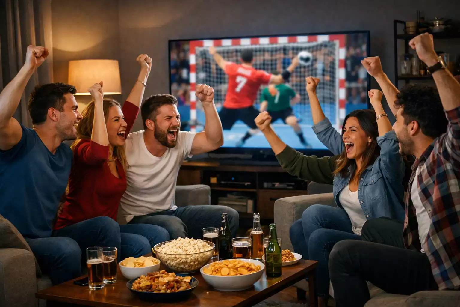 Freunde feiern gemeinsam beim Handball-Schauen – die Freude am Sport und erfolgreichen Wetten