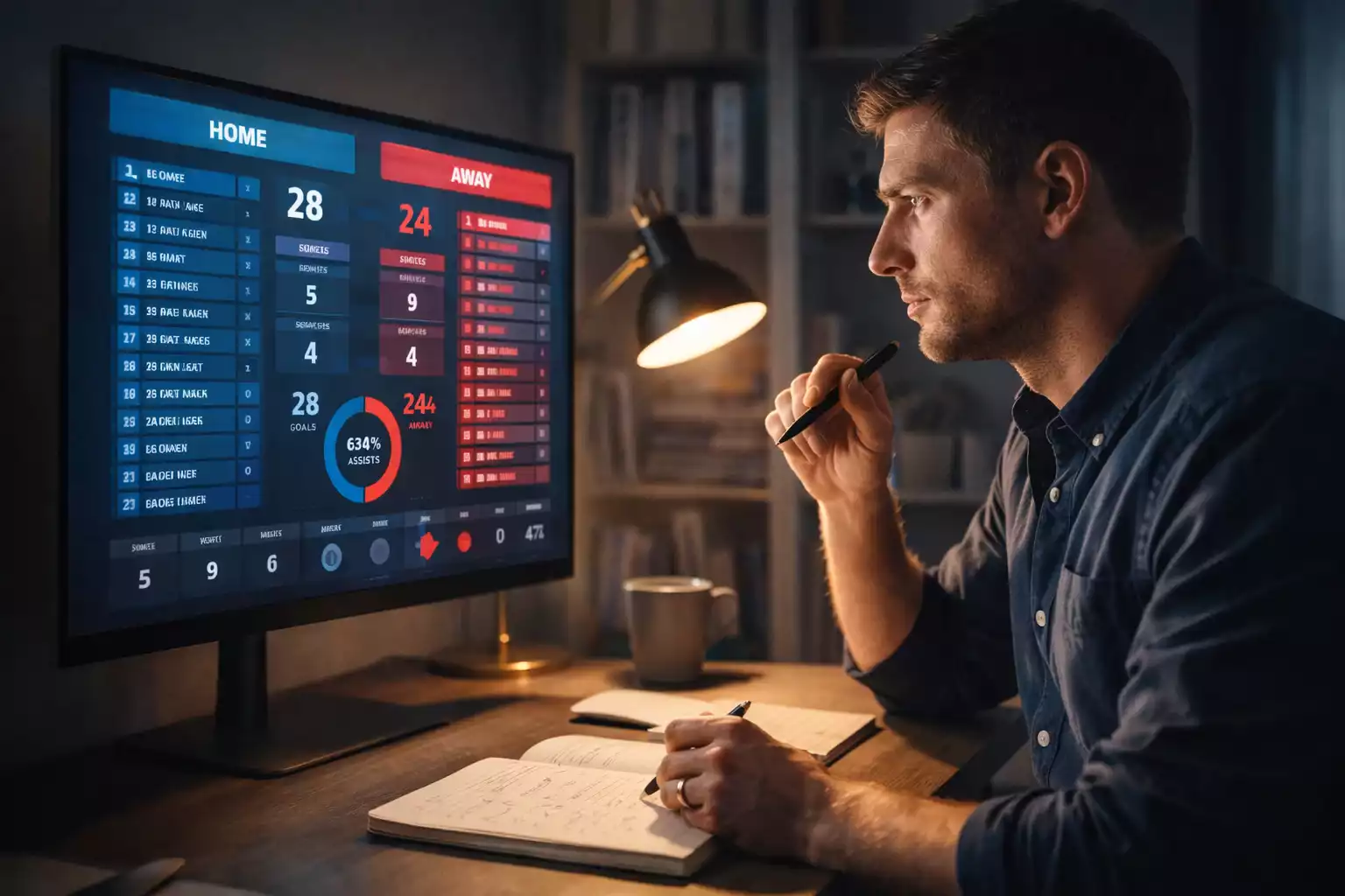 Strategische Wettplanung: Person analysiert Sportdaten am Computer mit Notizen
