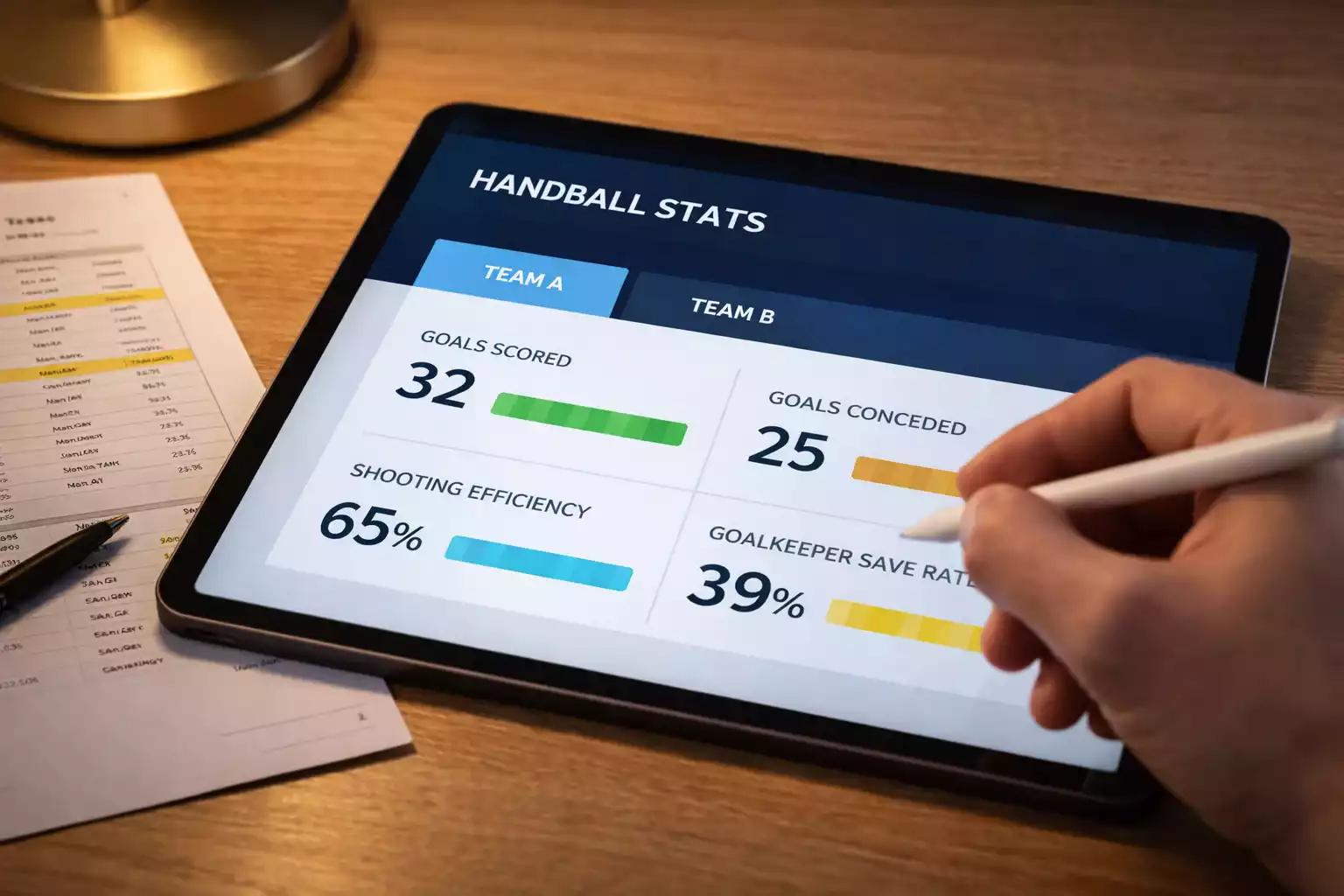 Tablet zeigt wichtige Handball-Kennzahlen und Statistiken für Wetten